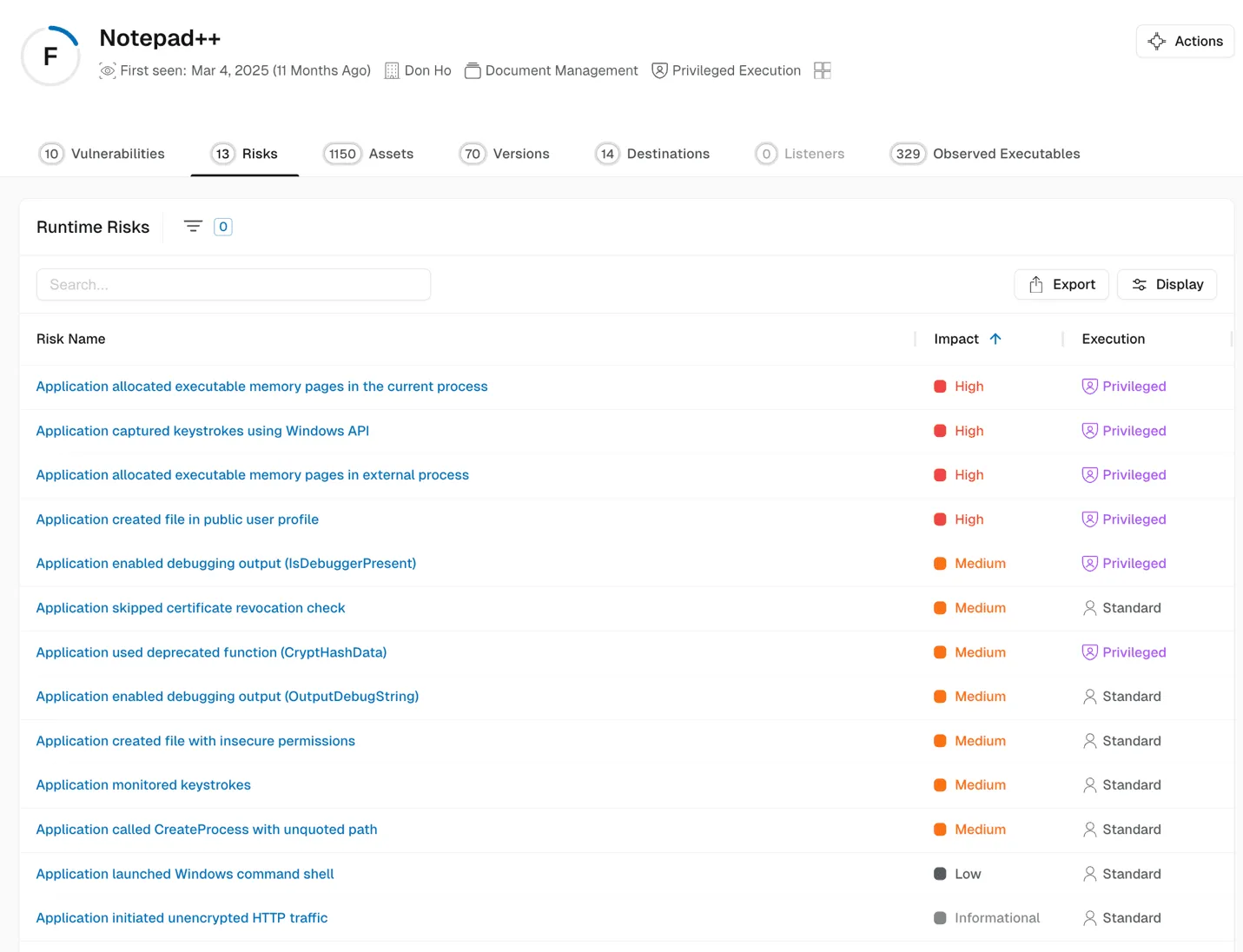Notepad++ runtime risks in Spektion dsashboard