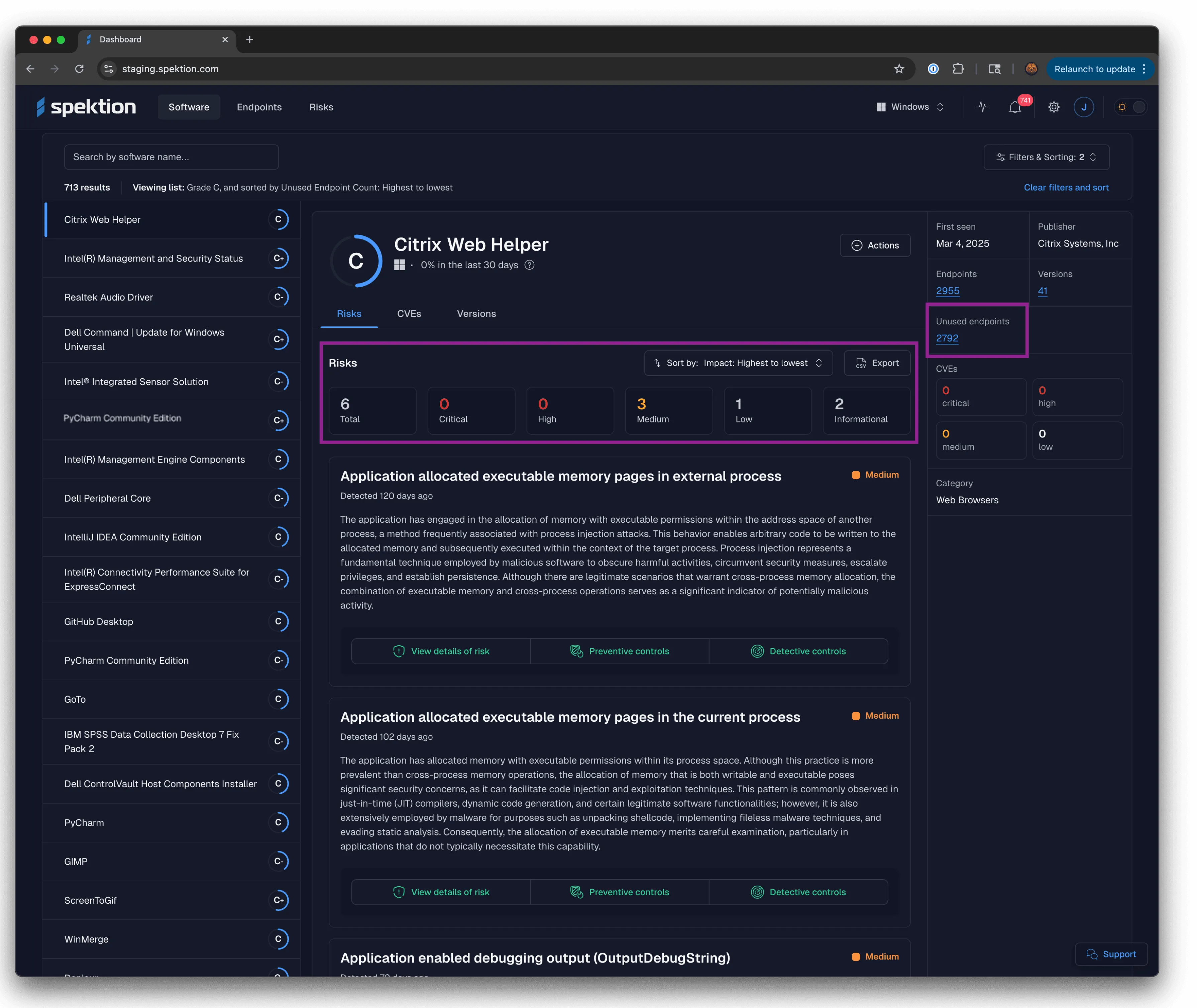 Example of Spektion dashboard showing risks in unused software
